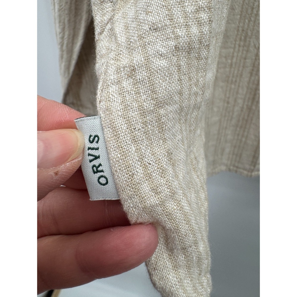 Orvis Large Linen Casual Button Down Long Sleeve Khaki Striped Coastal Preppy - Picture 7 of 16